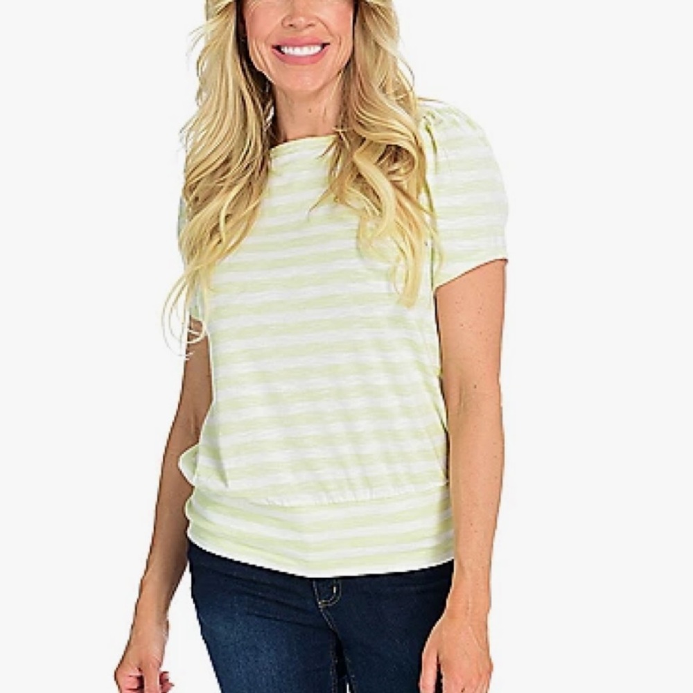 Women’s‎ Christopher & Banks Green Striped Puff Sleeve Crew Tee